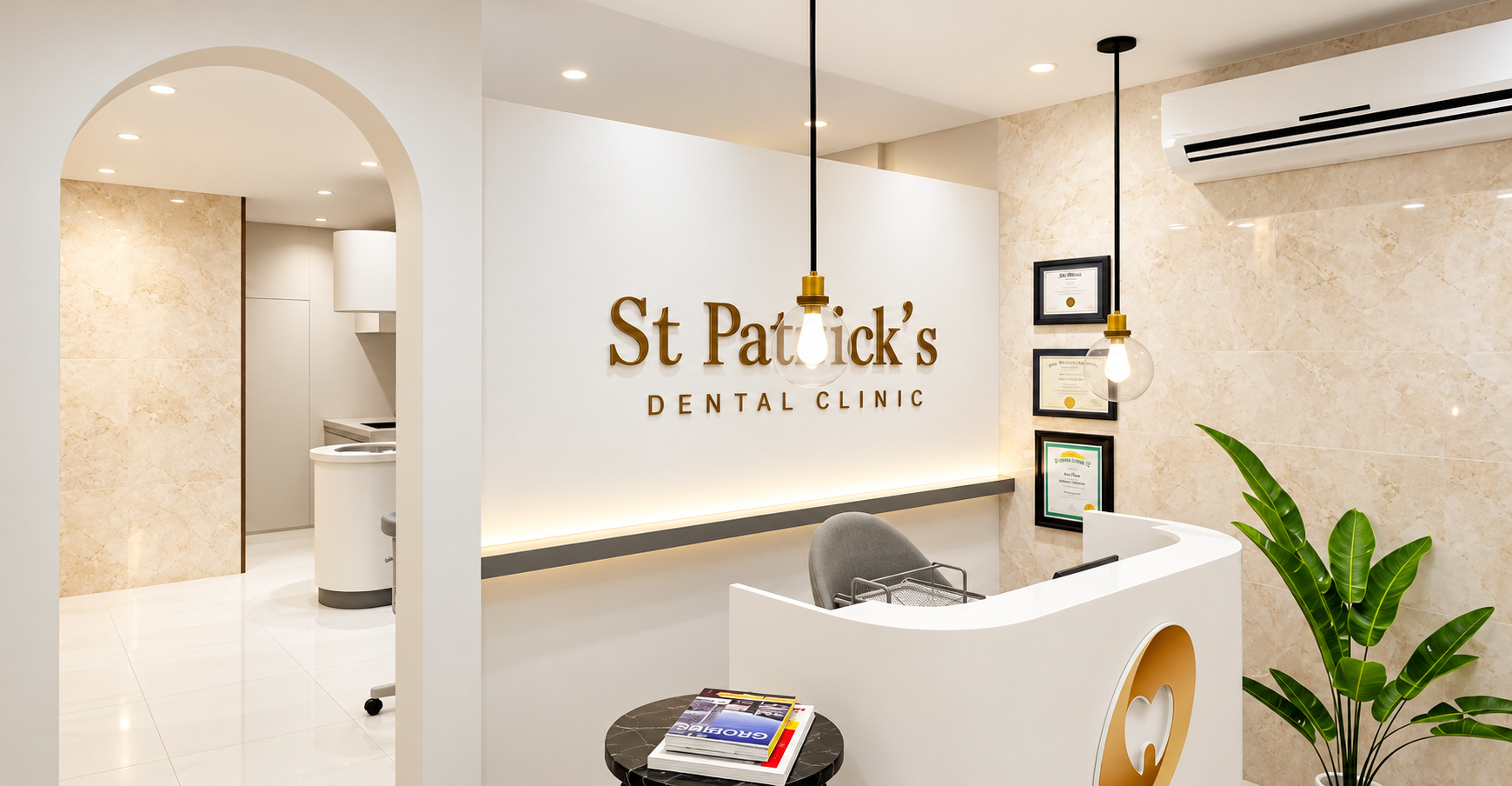 The bright reception area of St Patrick's Dental Clinic, with the gold clinic sign on a white wall, marble walls and a curved white front desk