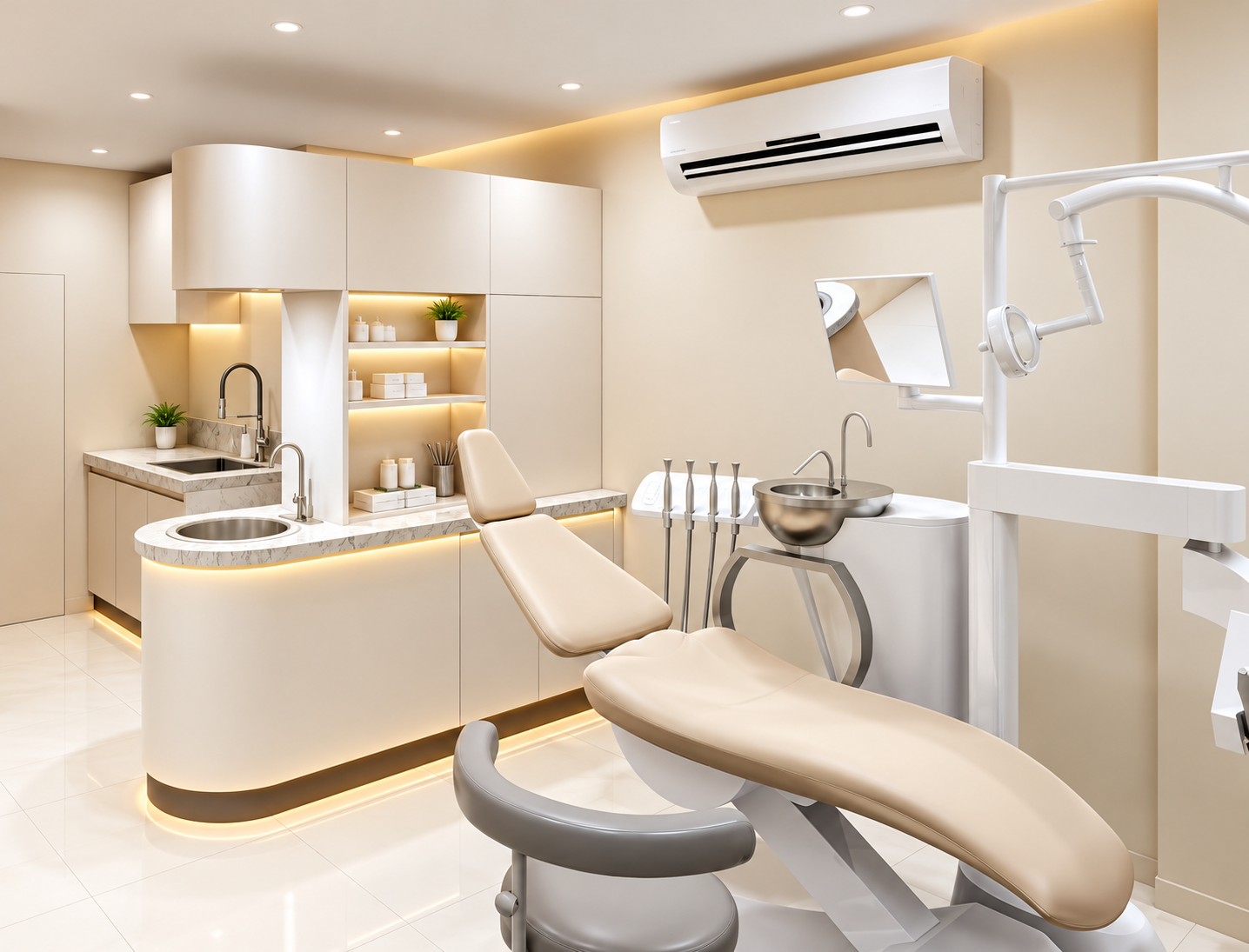 A treatment room at St Patrick's Dental Clinic with a cream dental chair, marble counters and soft warm lighting